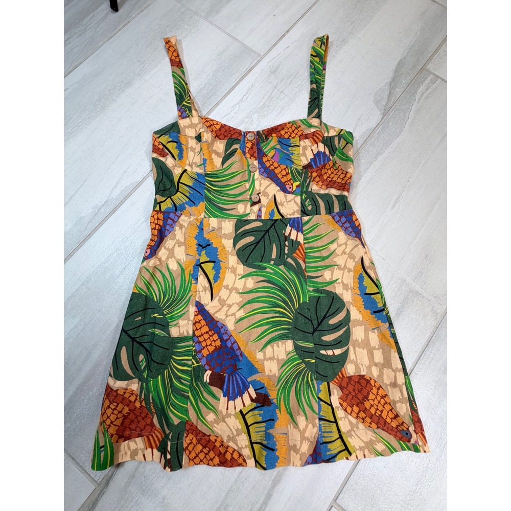 House of Harlow 1960 Tropical Toucan Linen Blend Mini Dress Small Tan Green